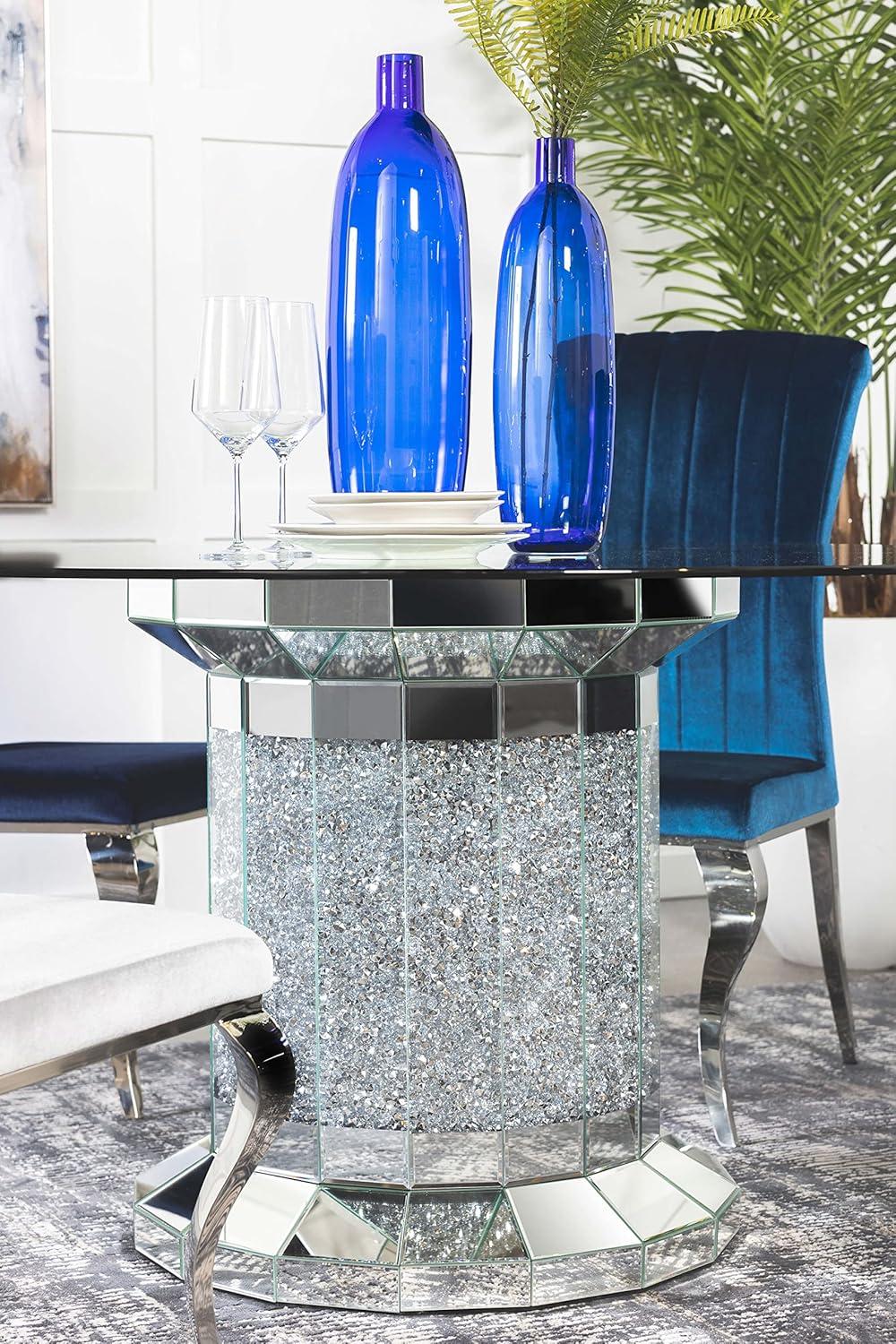 Silver Round Glass Top Dining Table with Mirrored Pedestal