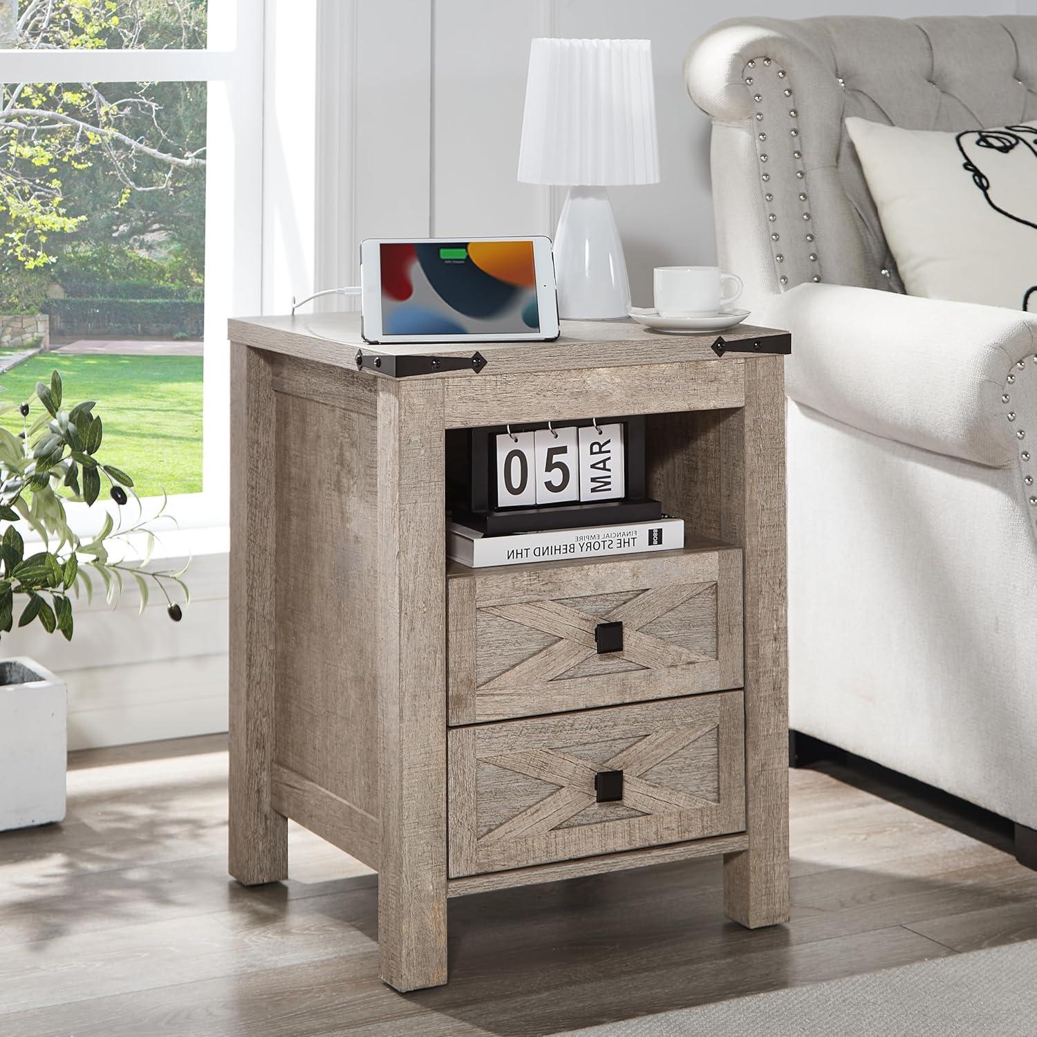 Farmhouse Nightstand wtih Charging Station, 18" End Table Side Table with 2 Drawers for Bedroom, Living Room, Gray