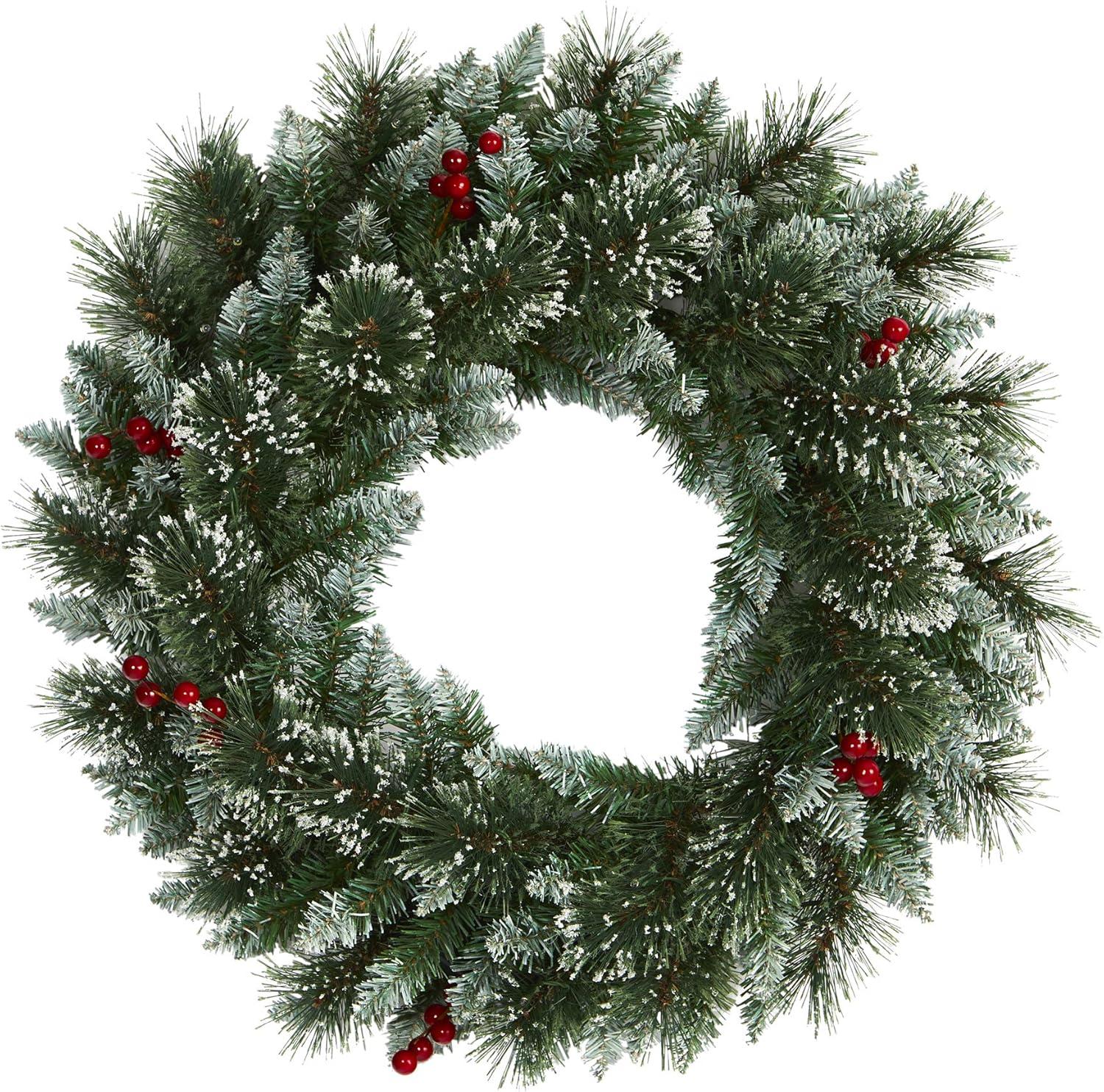 24 in. Pre-Lit Frosted Swiss Pine Artificial Wreath with 35 Clear LED Lights and Berries