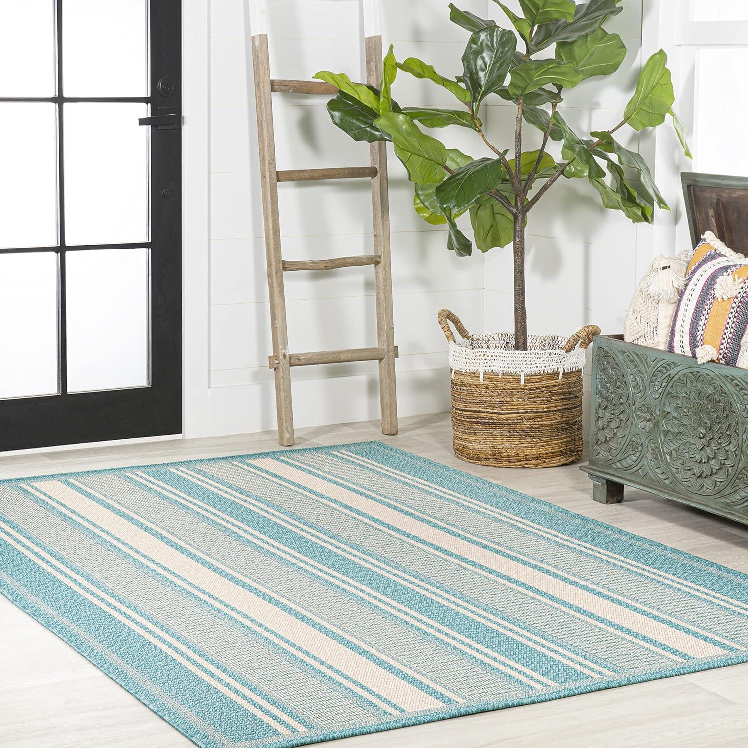 3' x 5' Haynes Modern Double Stripe Indoor/Outdoor Area Rug, Aqua/Beige - JONATHAN Y