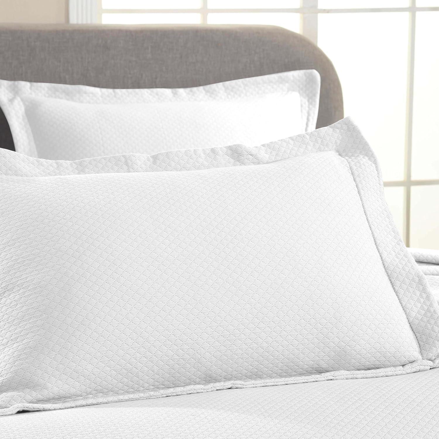 Superior Solitaire Cotton Decorative Bedspread and Sham Set, Queen, White