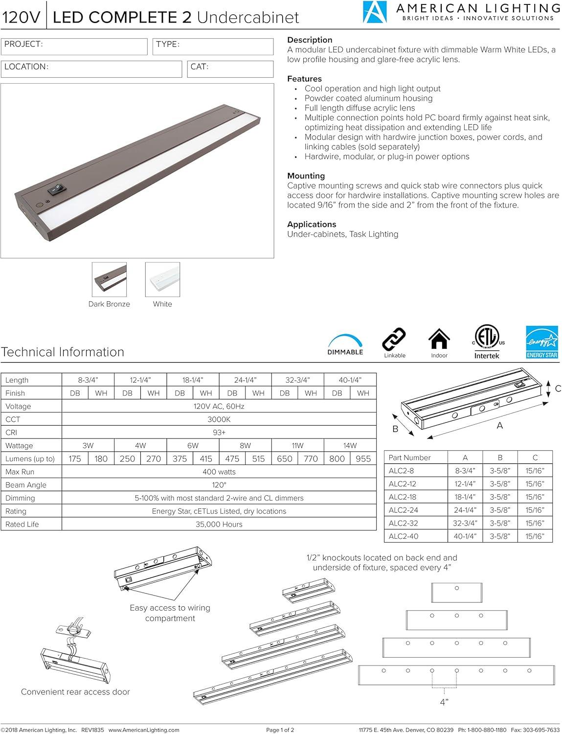 Lighting ALC2-24-WH Modular LED Undercabinet Fixture, 120V, 24", White