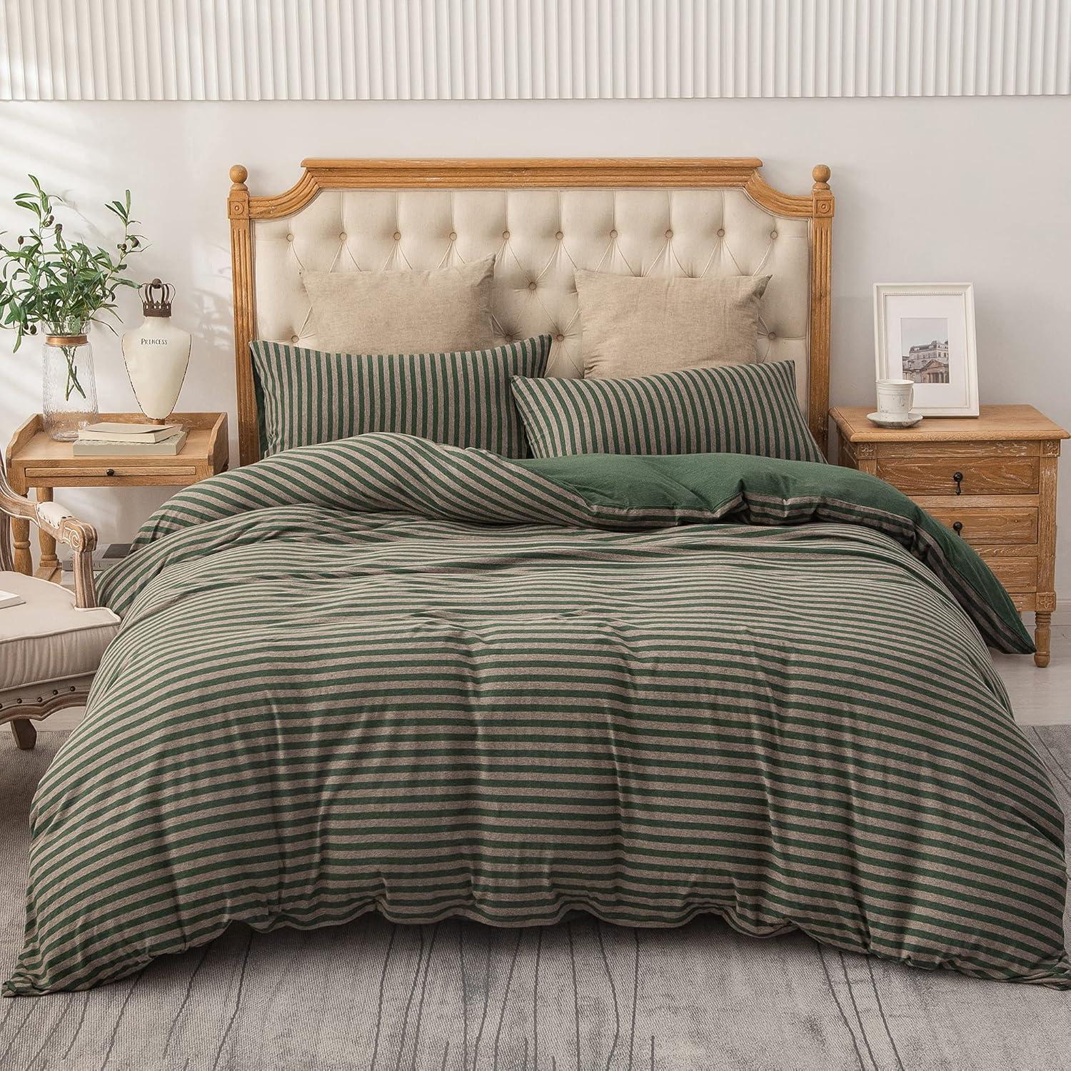 PURE ERA Forest Green Stripe Reversible 100% Jersey Cotton Duvet Cover bedding Set Soft Washable( Queen Size)