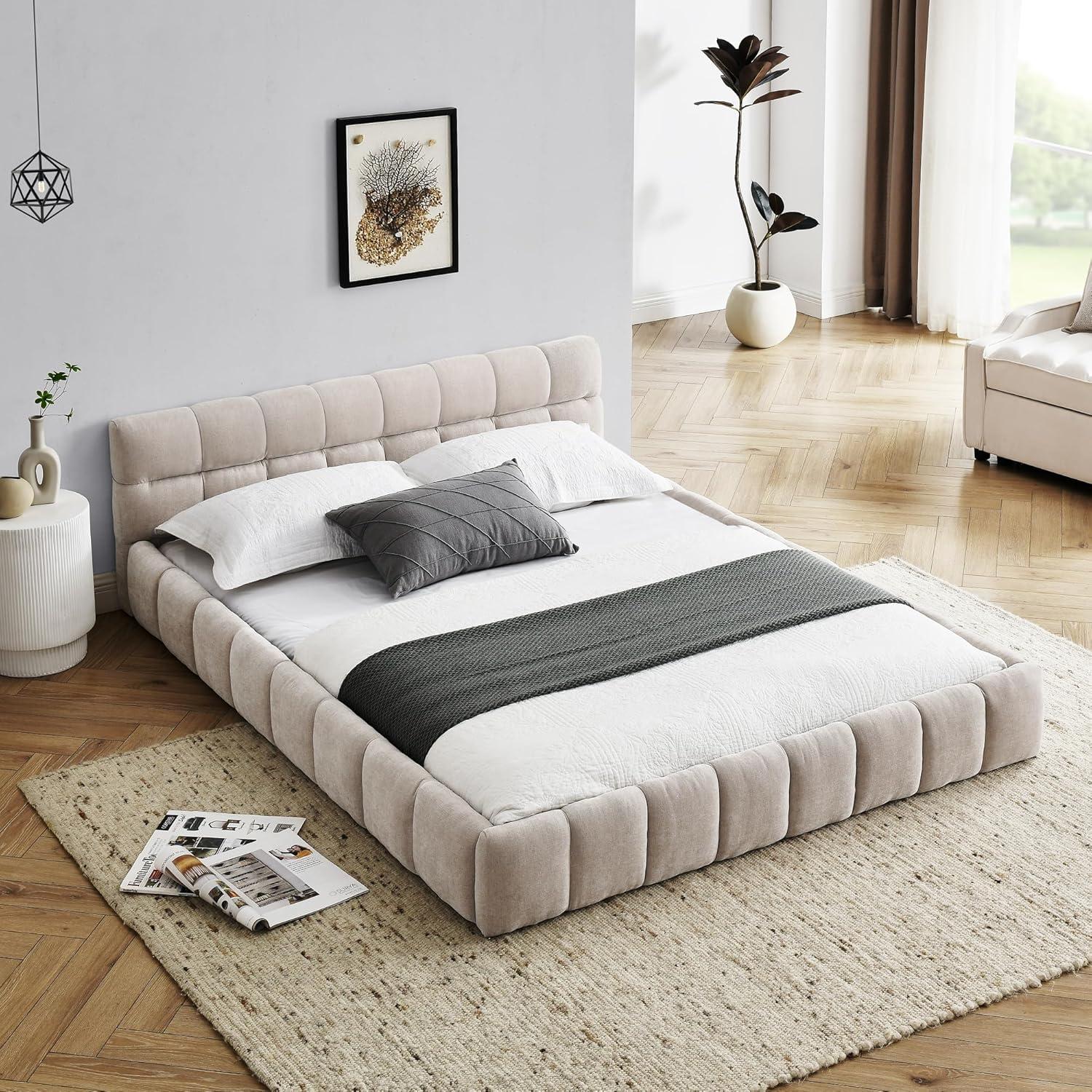 Beige Chenille Upholstered Queen Platform Bed with Soft Headboard