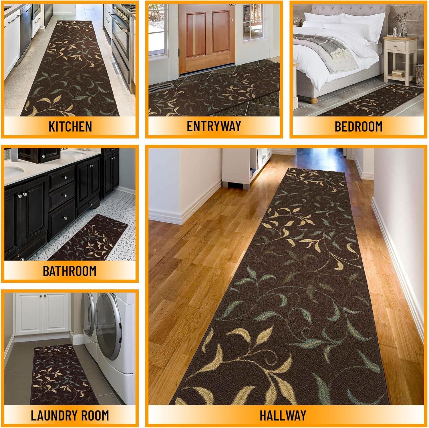 Ottohome Non-Slip Leaves Area Rug For Living Room, Hallway Runner, Entryway Rug, Brown