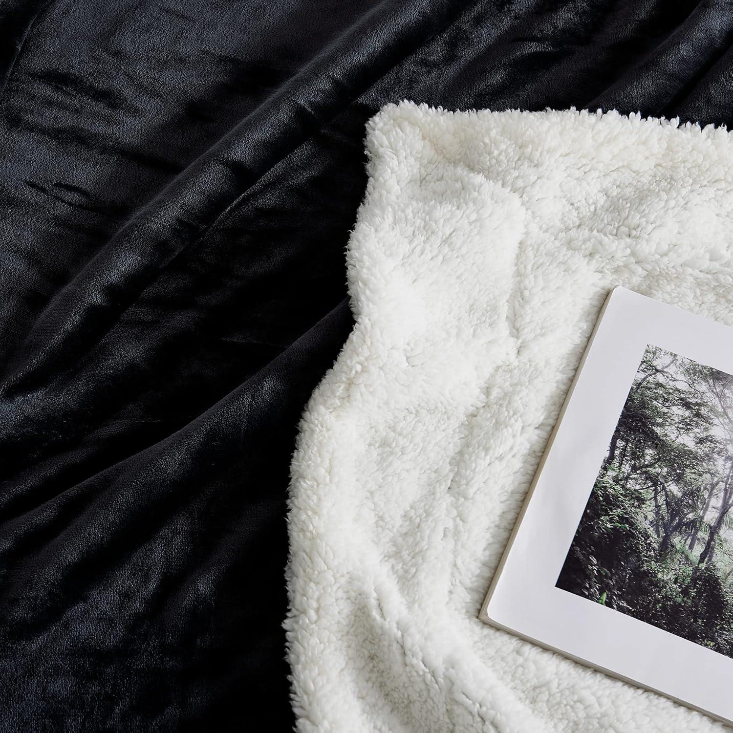 Elegant Comfort Throw Blanket, Reversible Sherpa Flannel, Ultra-Soft, Fuzzy, Cozy and Plush- All Season Lightweight Decorative Throw, 50 x 60 inches, Solid Sherpa Throw, Black