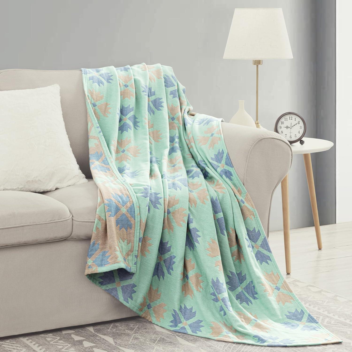 King Size Mint Green Boho Cotton Reversible Throw Blanket