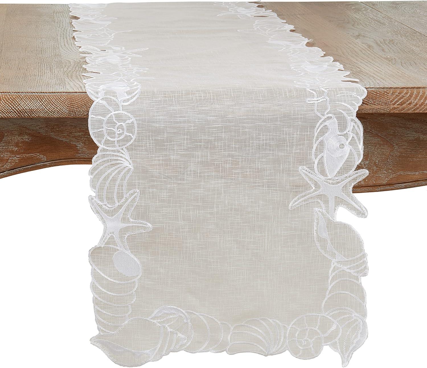 Saro Lifestyle Table Runner with Embroidered Seashells Design, 14"x72", White