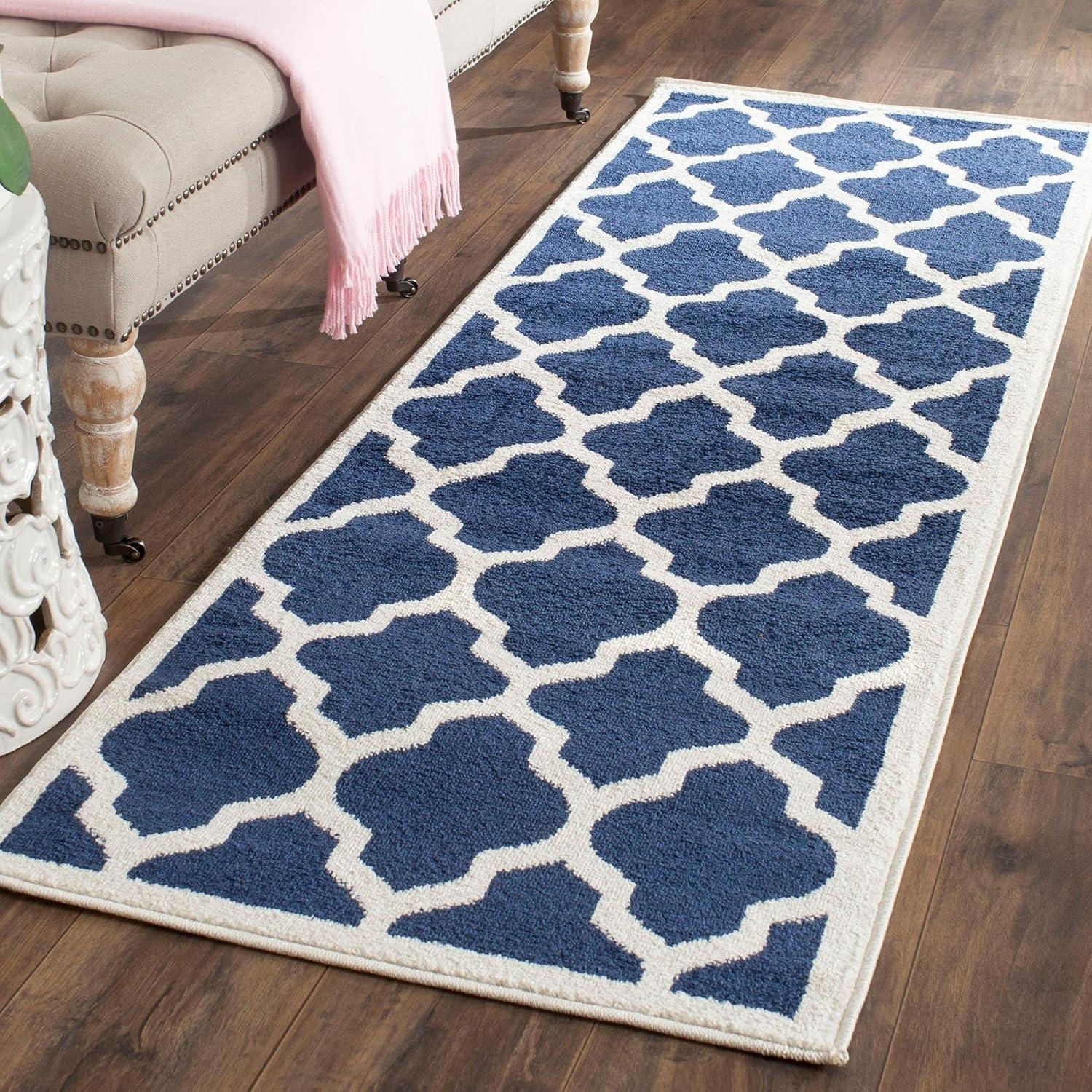 Navy Beige Geometric Reversible Synthetic Runner Rug