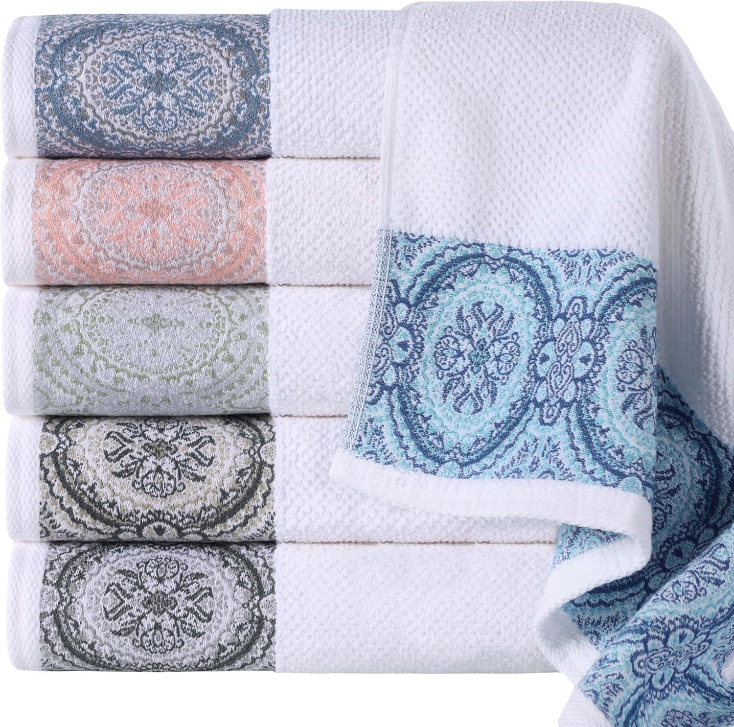 Superior Medallion Cotton Bath Towels Set, White and Emberglow, 3-Pack