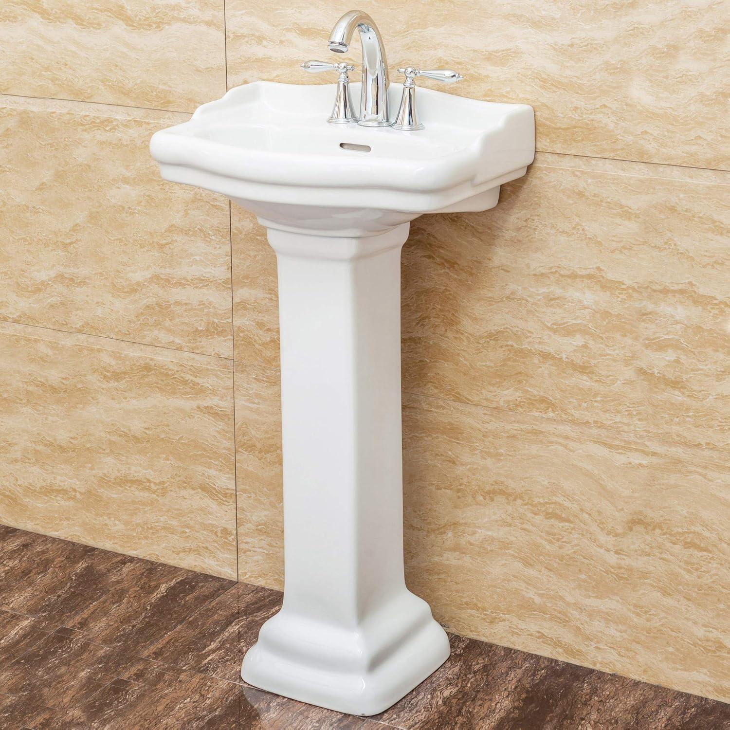 White Ceramic Pedestal Sink with 3-Hole Faucet