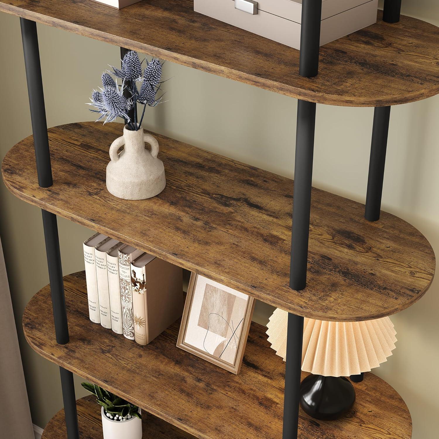 Black and Retro Five-Tier Arched Metal and Wood Bookshelf