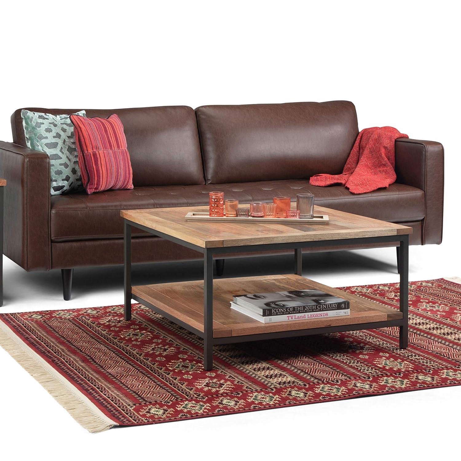 Simpli Home Skyler 34"W Solid Mango Wood Industrial Square Coffee Table with Open Shelf and Metal Frame