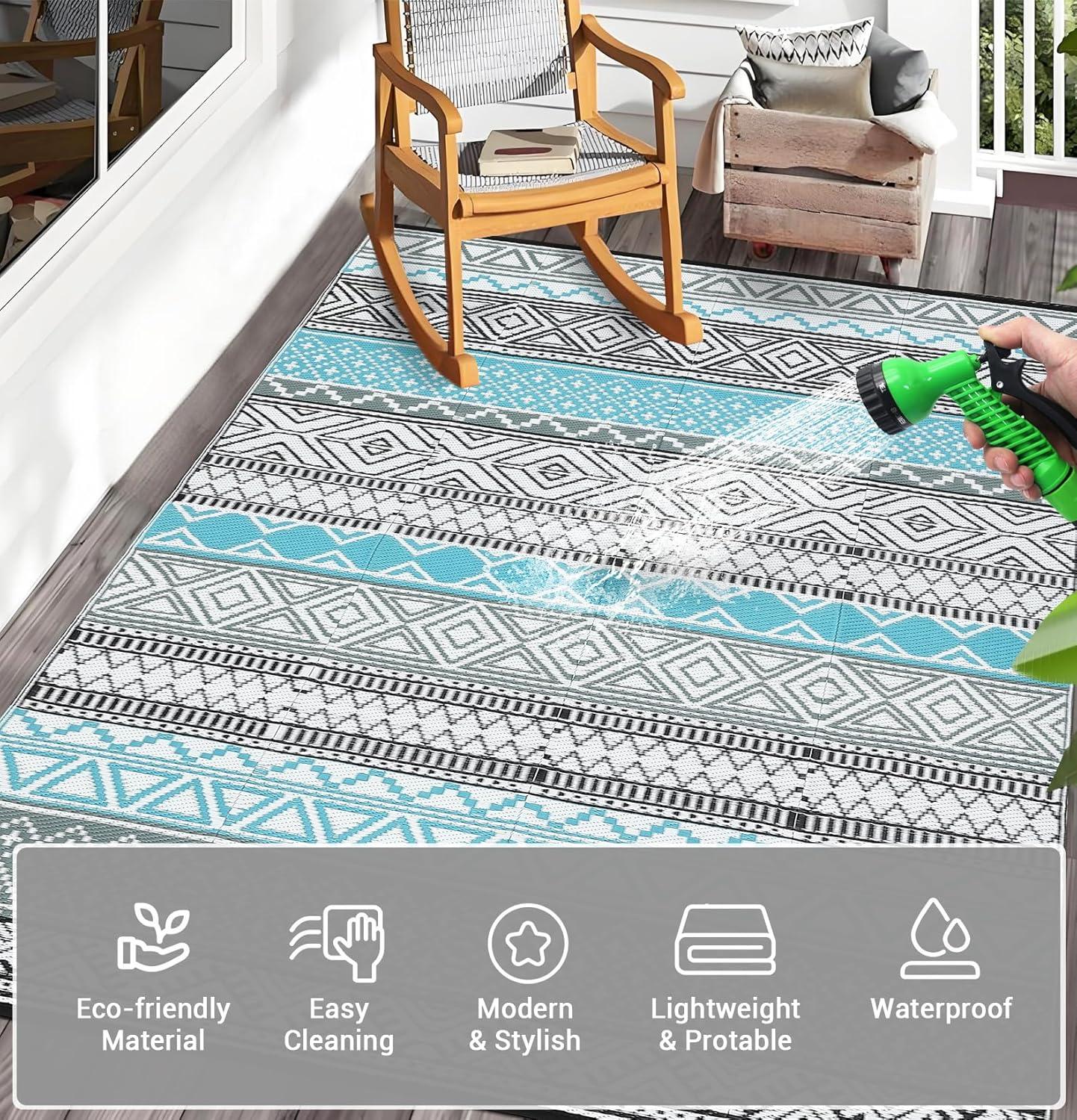 Garvee 9'x12' Plastic Outdoor Rugs, Bohemia Waterproof Straw Rug Reversible Indoor Outdoor Carpet for Patio RV Deck Porch Backyard Balcony Camping Picnic Beach, Multi-color
