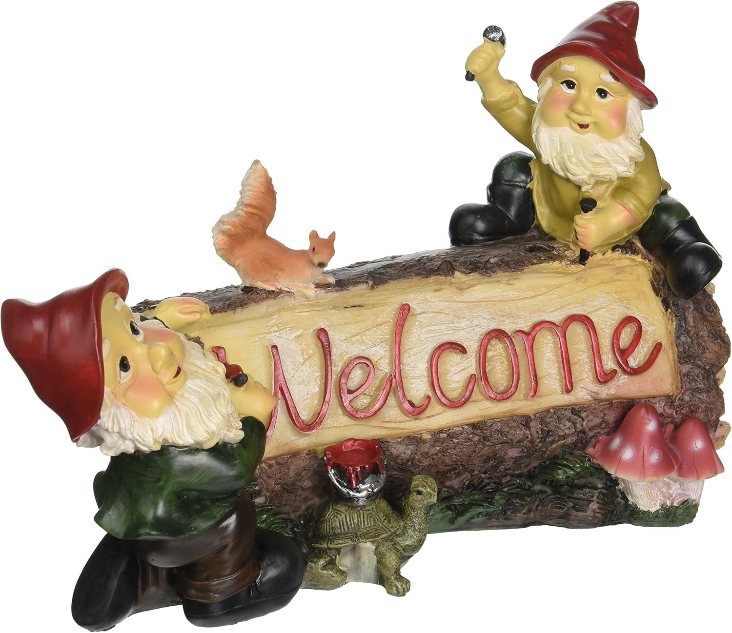 Garden Gnomes Welcome Sign Statue with Red Hats