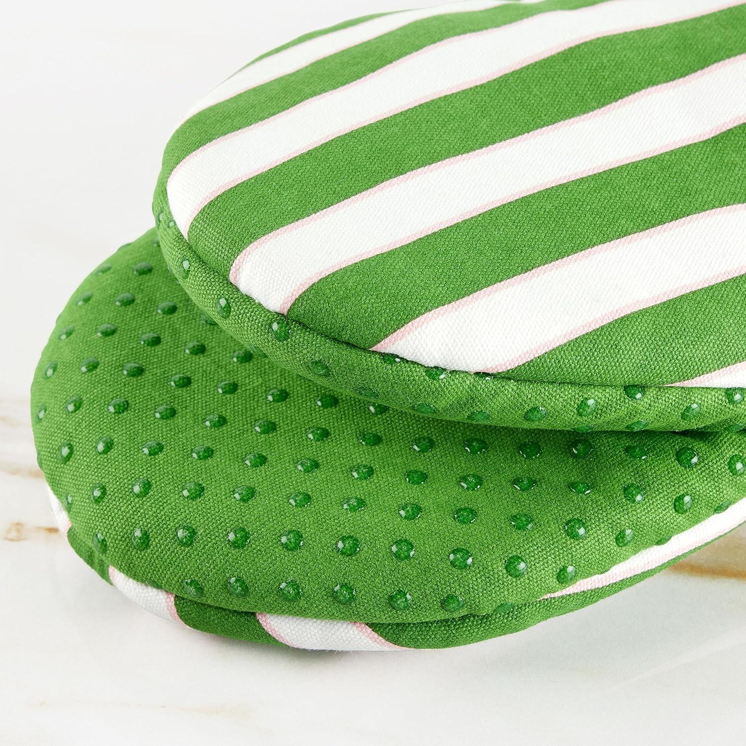 Green and Pink Striped Silicone Oven Mitts, 2-Piece Set