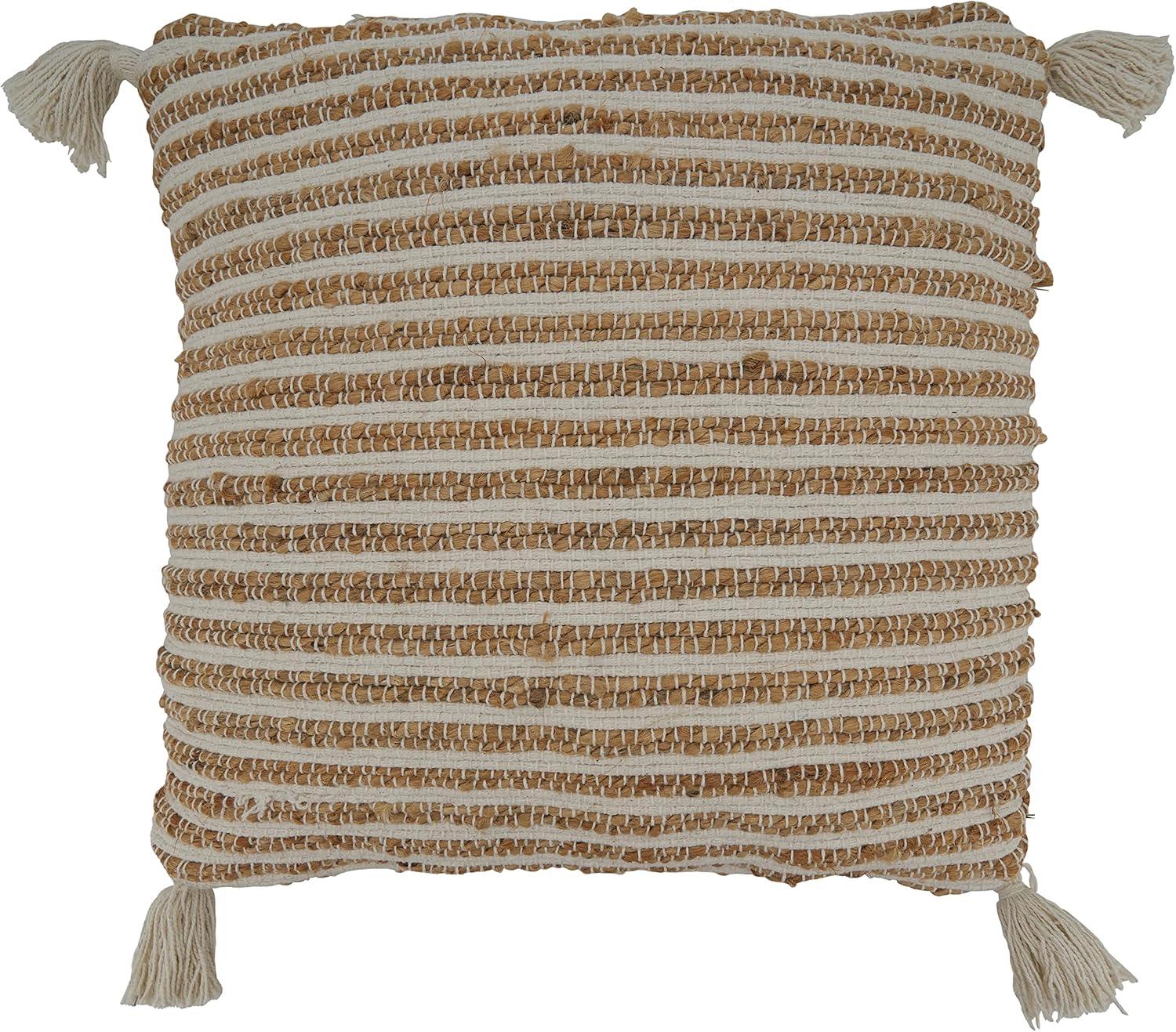 Beige and White Cotton Striped Tassel Pillow Cover