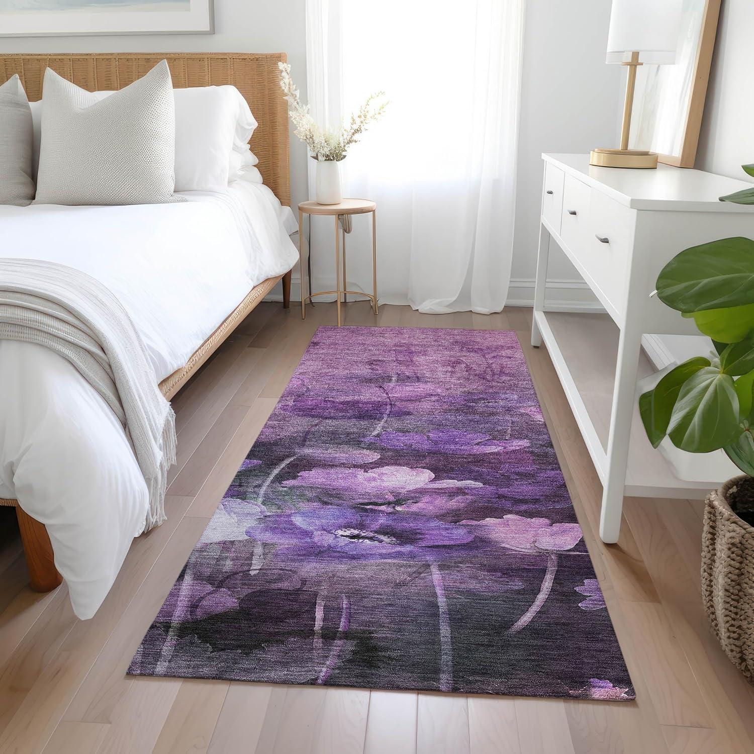 Addison Purple Floral Machine-Washable Runner Rug with Non-Slip Backing