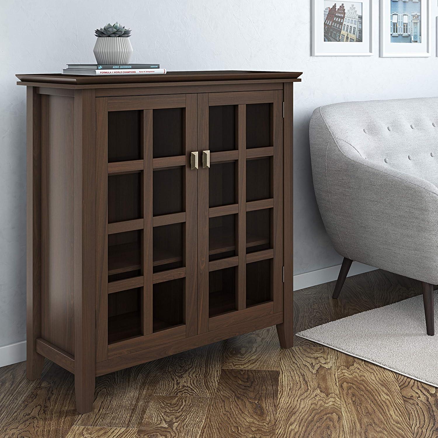 Simpli Home Artisan 38"W Solid Wood 4-Shelf Medium Storage Cabinet with Glass Doors and Adjustable Shelves