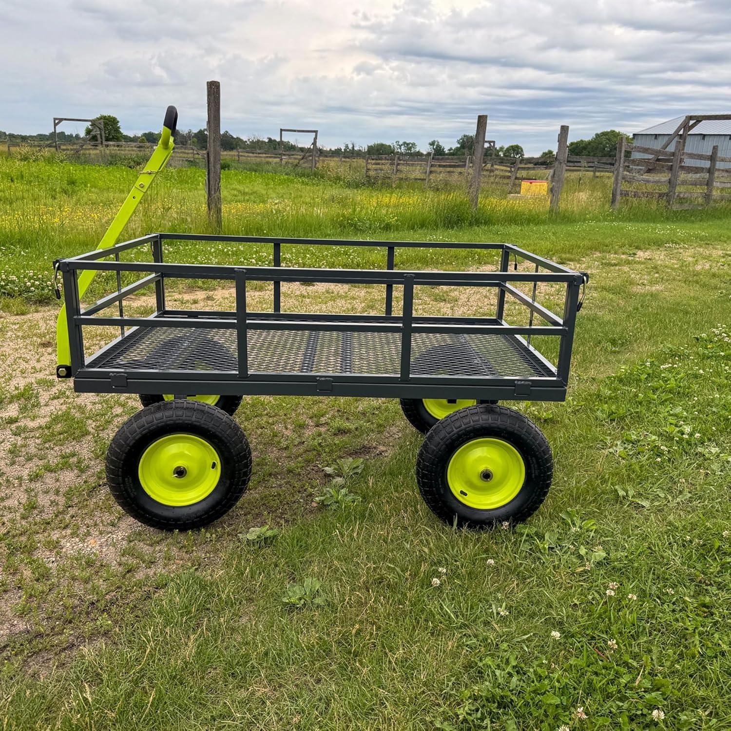 Yard Tuff Jumbo Wagon Heavy Duty Steel Mesh Deck Utility Outdoor Yard Cart, 1400 Capacity Haul with Large Stable Tires, 34 x 52 Inch, Gray/Green