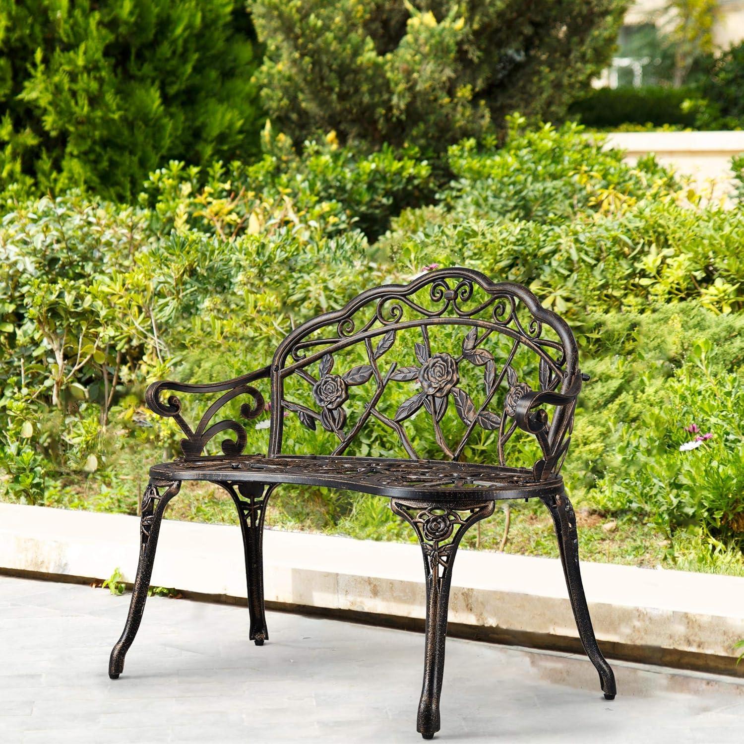 QSHIMY Patio Garden Bench Park Metal Rose Outdoor Benches, Aluminium Vintage Antique Furniture Chair Outside Benches Weather Proof Bench for Outdoor Porch, Lawn, Balcony, Backyard, Bronze