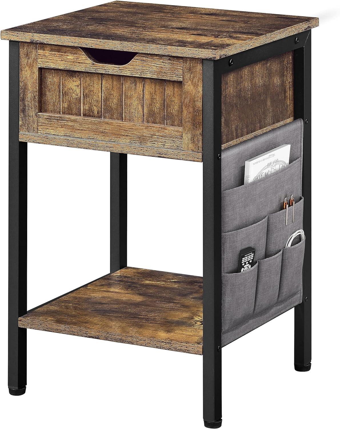 Rustic Brown Wood Nightstand with Fabric Storage Bag