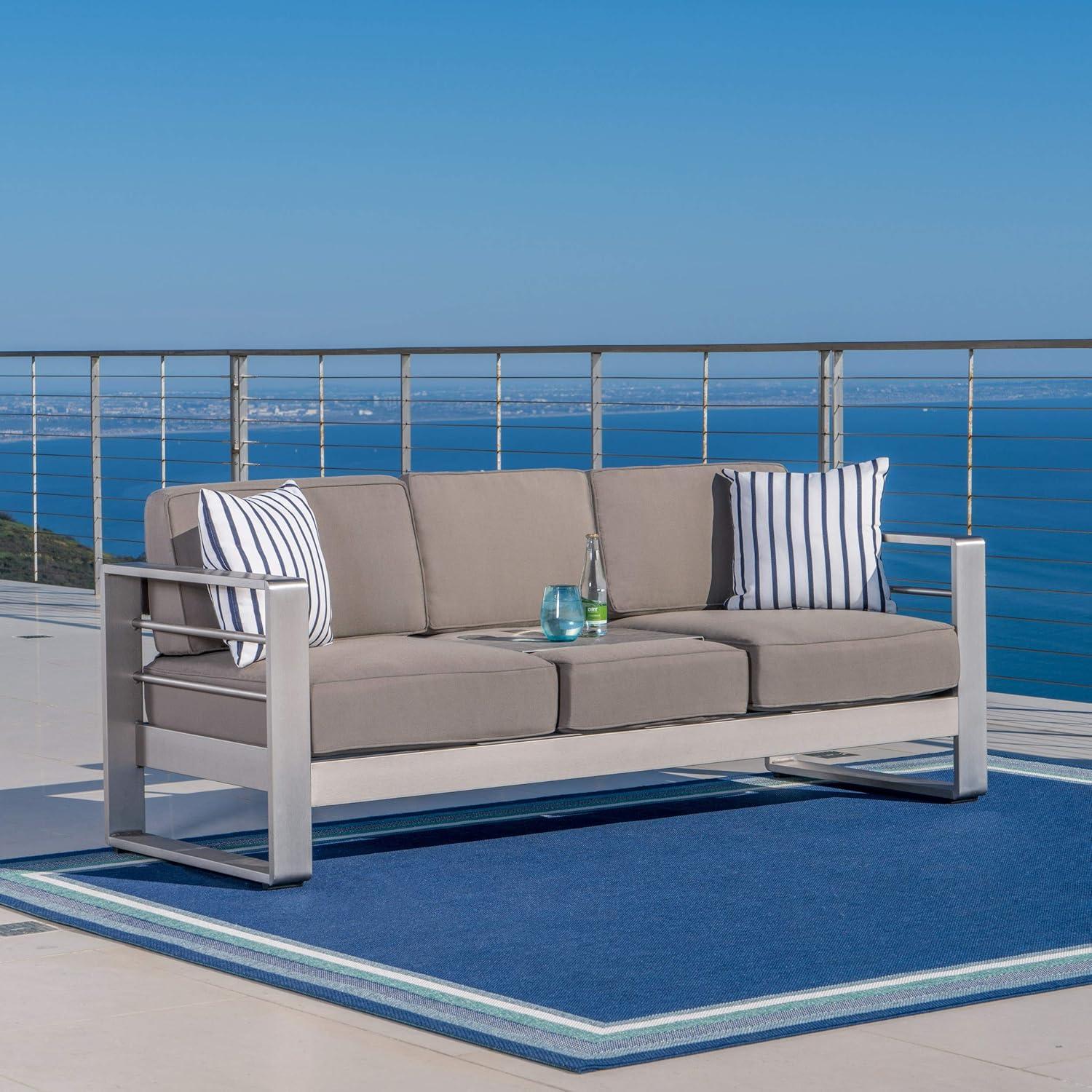 Silver Aluminum Three-Seater Outdoor Sofa with Gray Cushions