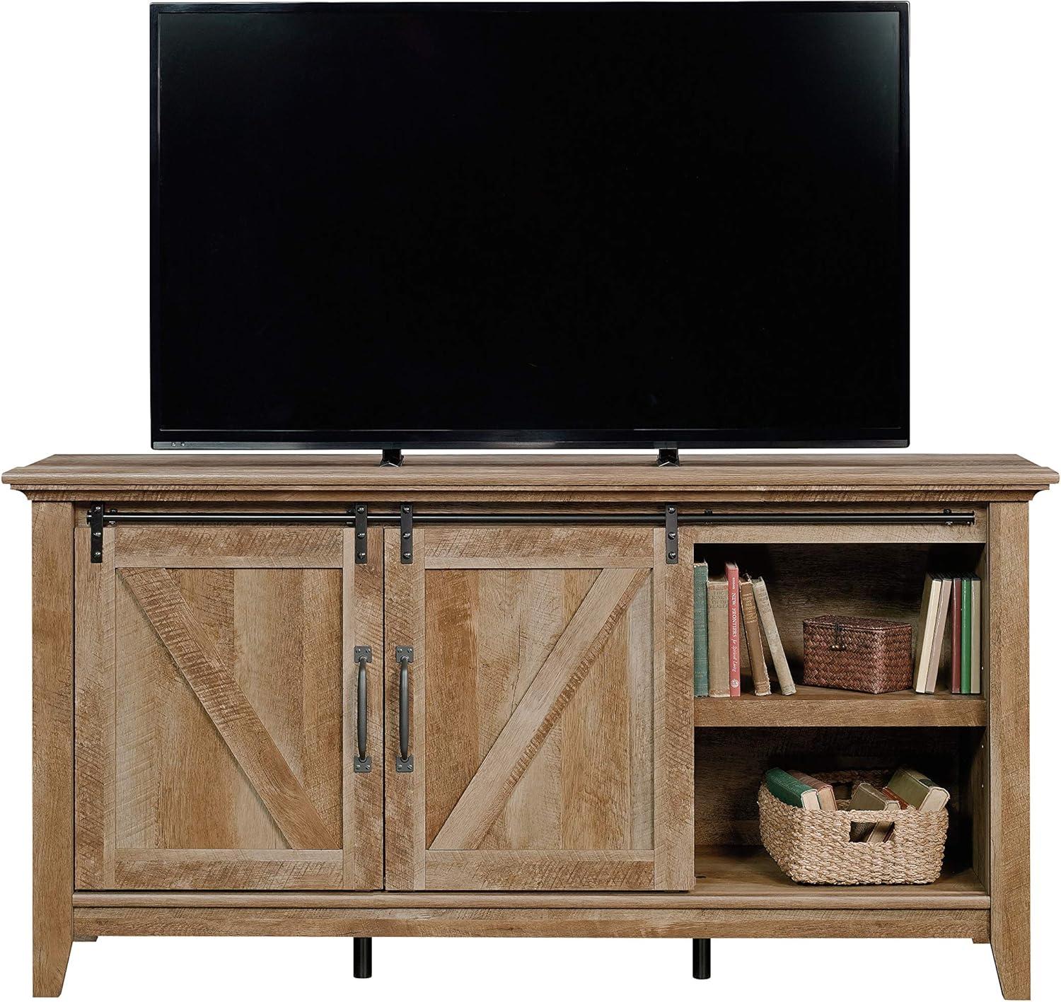 Dakota Pass TV Stand for TVs up to 70" Dark Brown - Sauder: Craftsman Oak Finish, Sliding Doors, Adjustable Storage