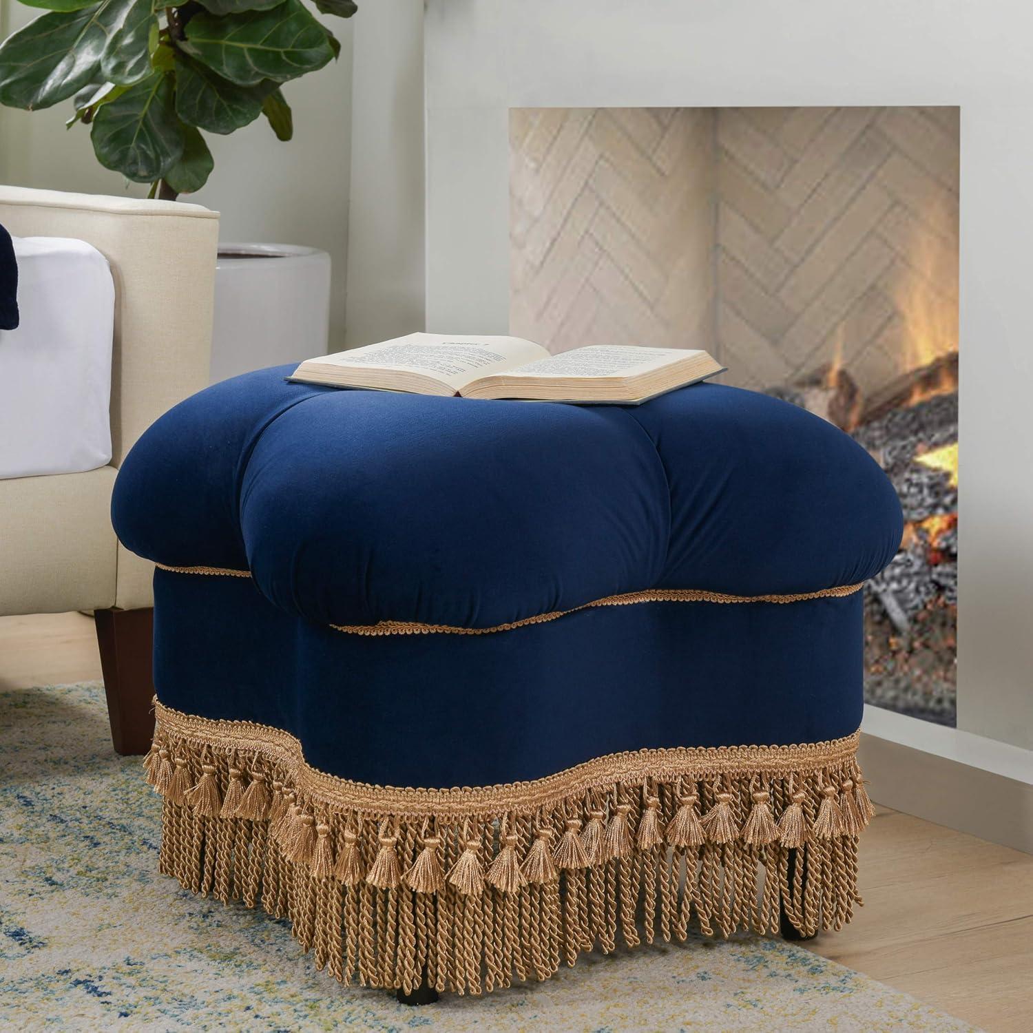 Navy Blue Velvet Clover Ottoman with Gold Fringe