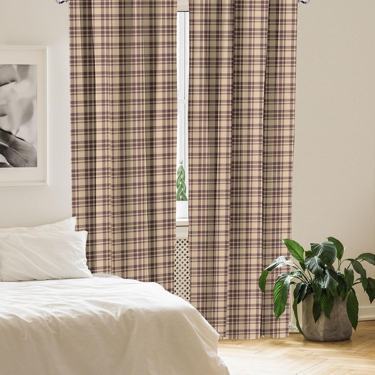 Tan and Brown Plaid 63" Rod Pocket Curtain Panels