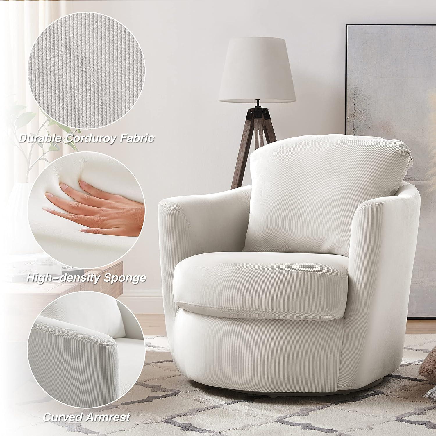 Ivory Corduroy Swivel Barrel Accent Chair with Metal Base