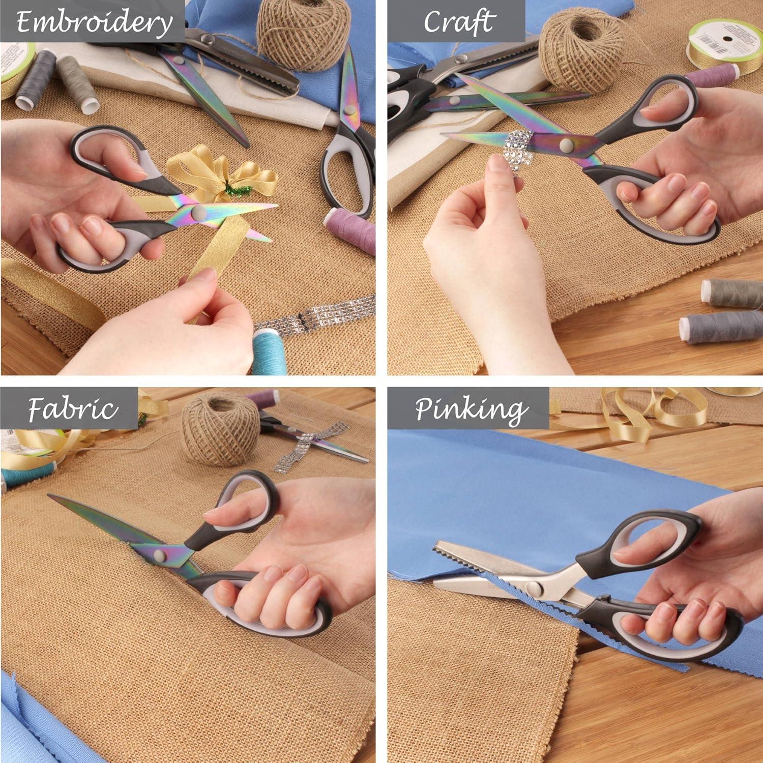 BambooMN Titanium Softgrip Scissors Set - Pinking, Sewing, Arts, Crafts, Office - 1 Set of 4 - Black