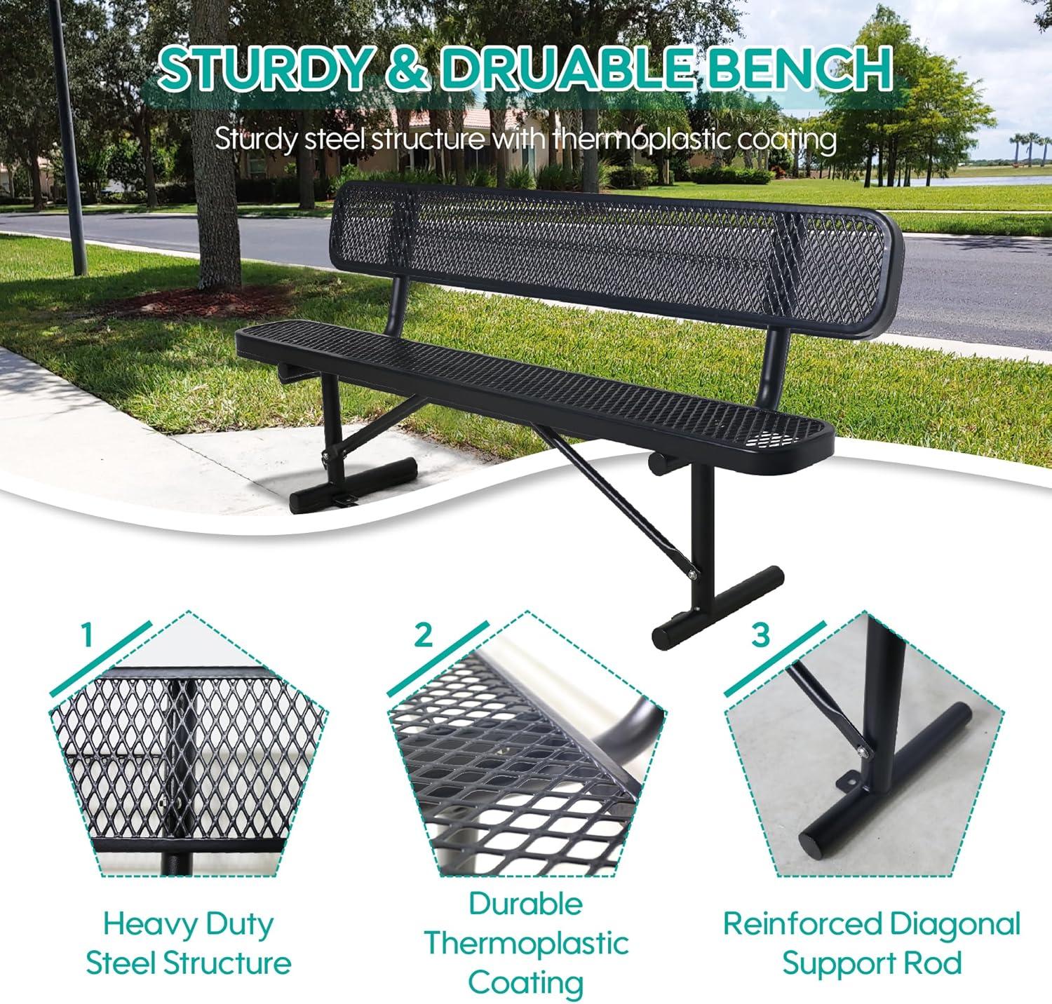 72'' Black Steel Outdoor Bench with Mesh Backrest