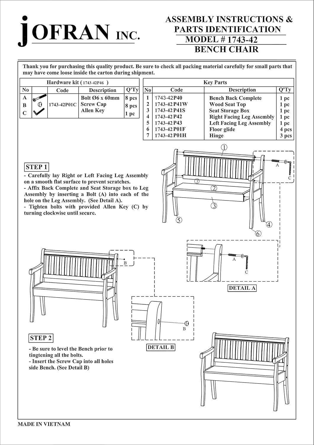 Jofran Artisan's Craft 42" Rustic Farmhouse Distressed Solid Wood Storage Bench