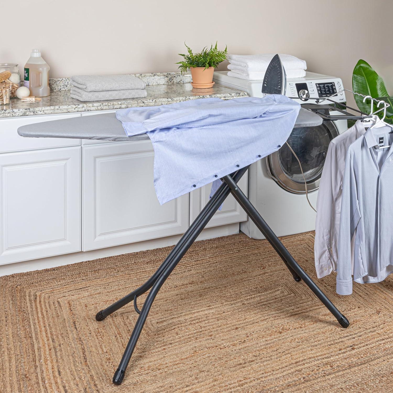 Household Essentials Wide Mega Ironing Board 4-Leg Matte Black Frame Gray Cover: Collapsible Metal, 59" x 18.75", 18.44 lbs