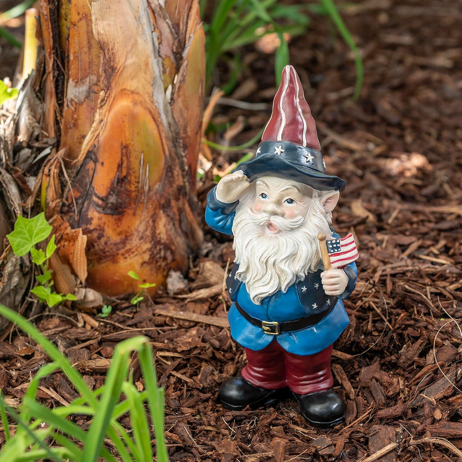 Alpine Corporation 12" Tall Outdoor Patriotic Garden Gnome Saluting Yard Statue Decoration C27