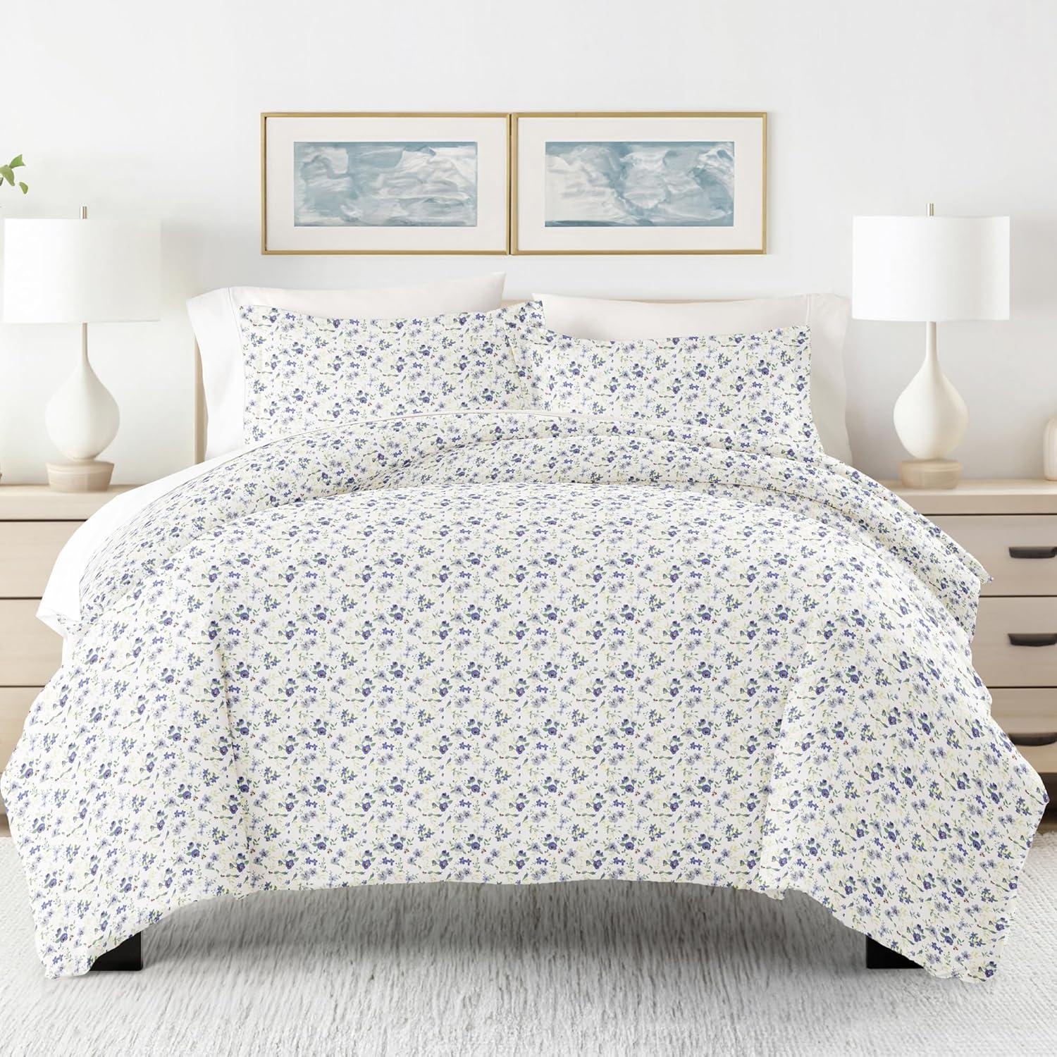 Light Blue Floral Microfiber Queen Duvet Cover Set