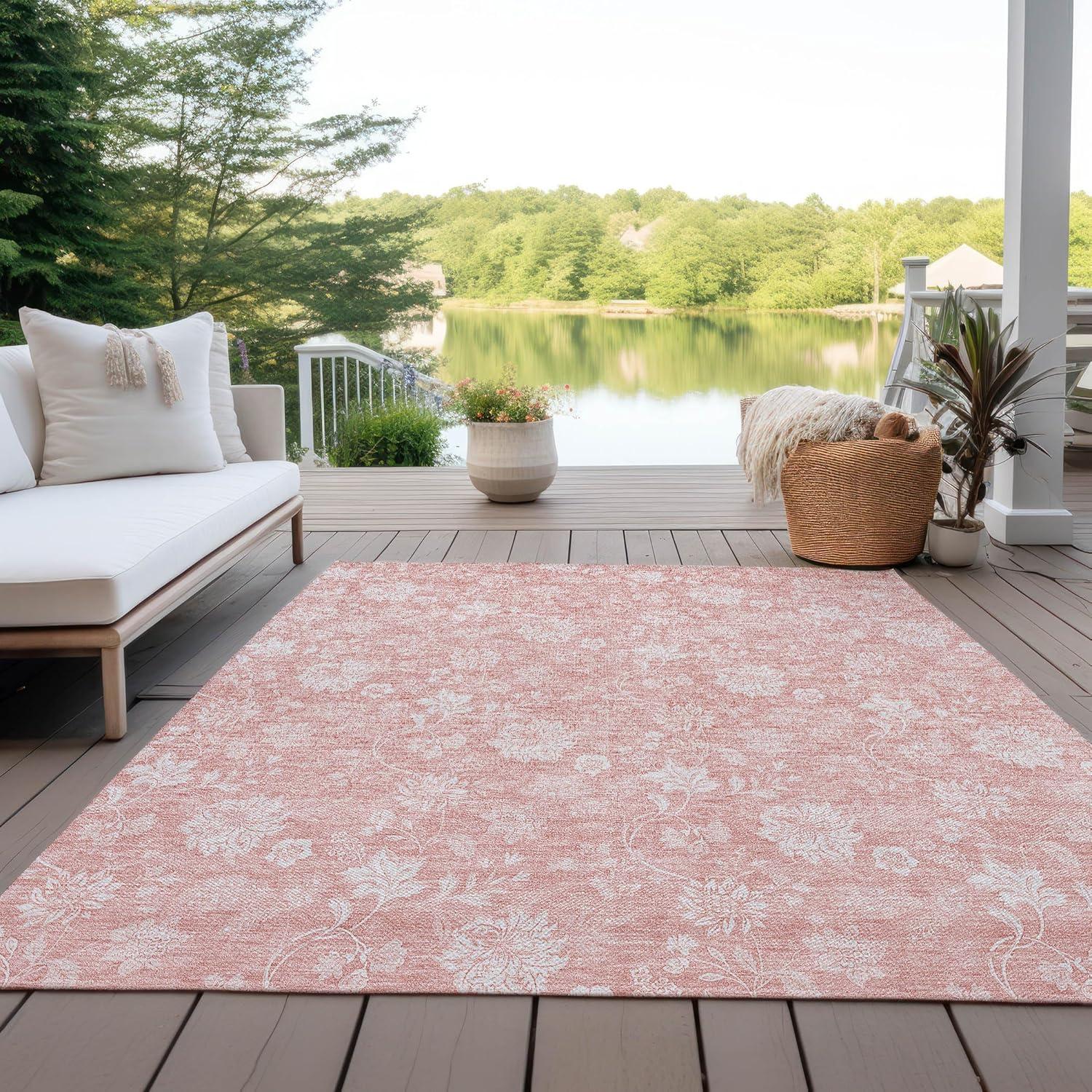 Pink Floral Rectangular Washable Synthetic Area Rug