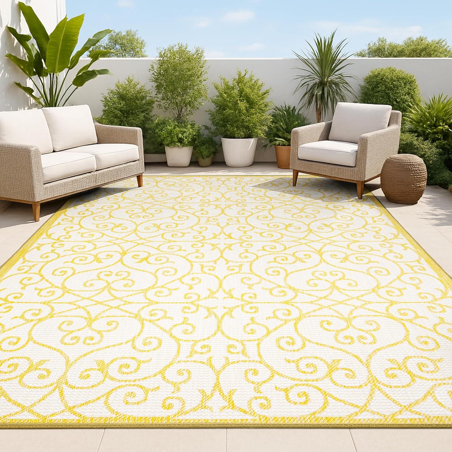 3' x 5' Madrid Vintage Filigree Textured Weave Indoor/Outdoor Area Rug, Cream/Yellow - JONATHAN Y