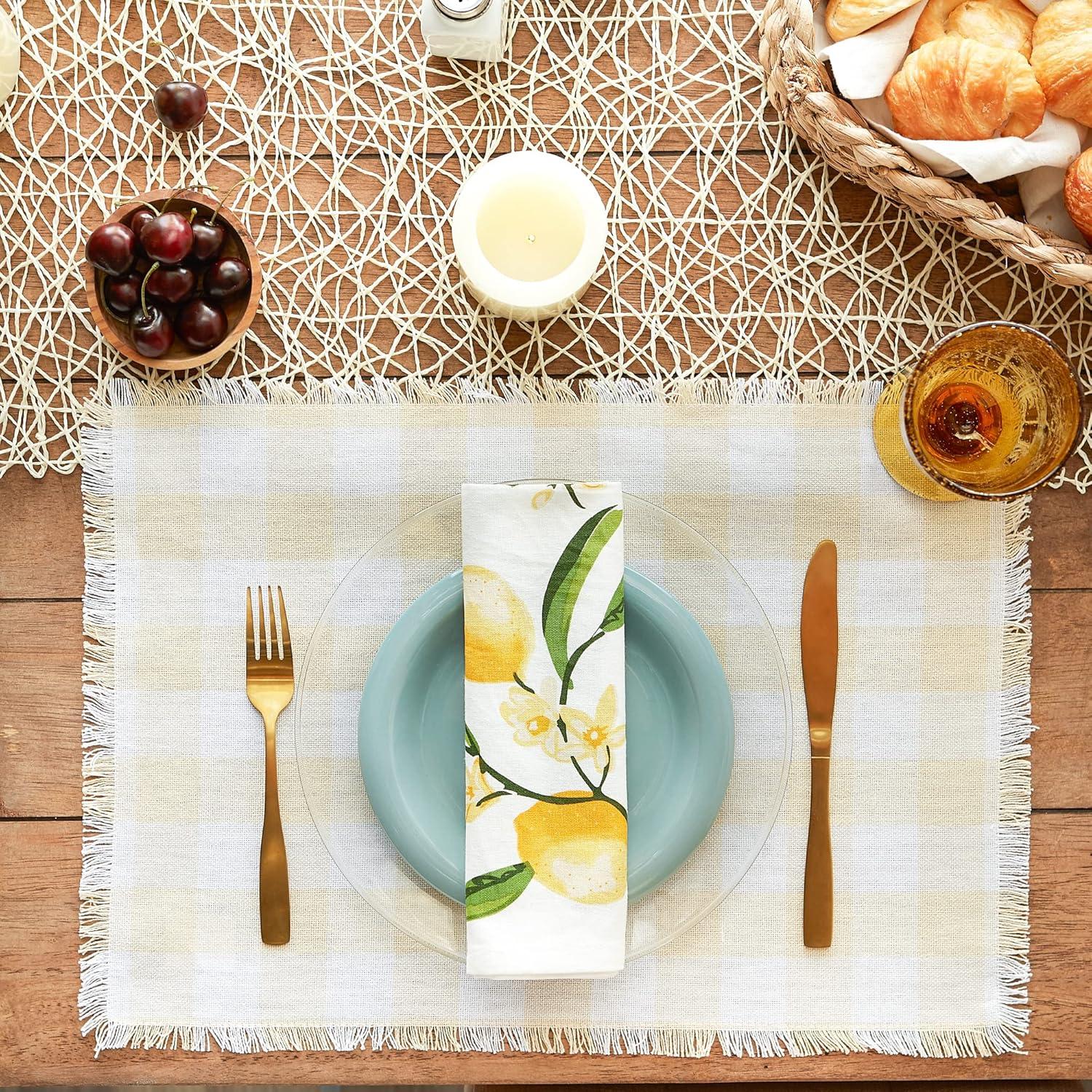 Design Imports Natural Heavyweight Check Fringed Placemat Set/6