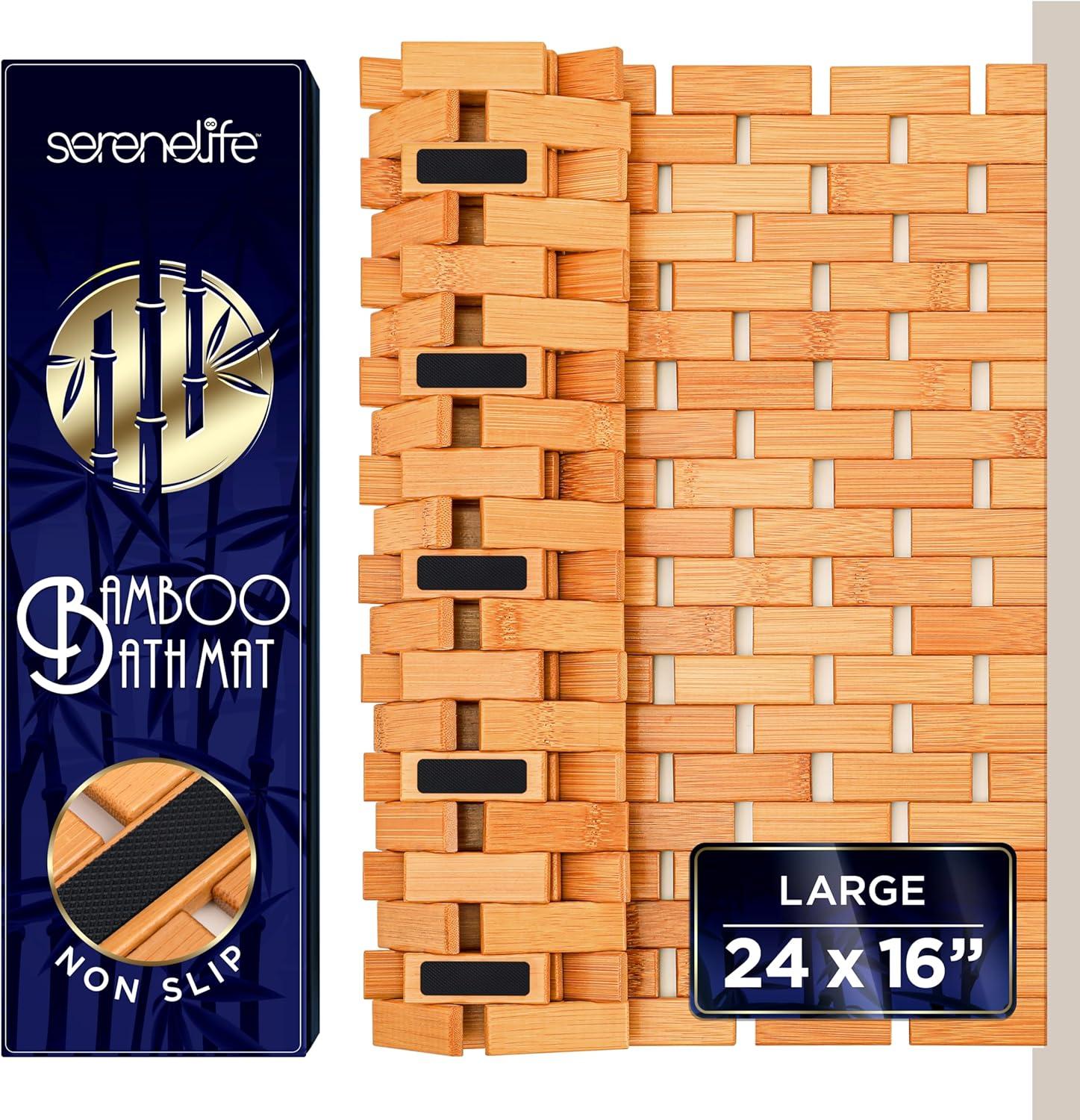 SereneLife Bamboo Bath and Shower Mat, Non-Slip Floor Mat with Extra Grips, Slatted Design, Natural Finish for Bathroom, Spa, Sauna - Rollable and Easy to Clean