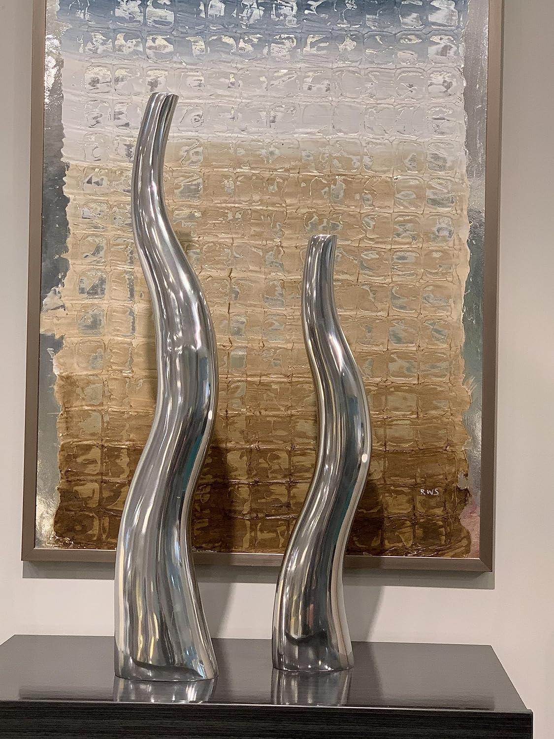 Modern Day Accents Curva Tall Set of 2, Silver, Aluminum, Contemporary, Modern, Wiggly, Popular, Glam, Floor Standing, Lg 6 32, Sm Vase: 5‚Äù x 3.5‚Äù x 24