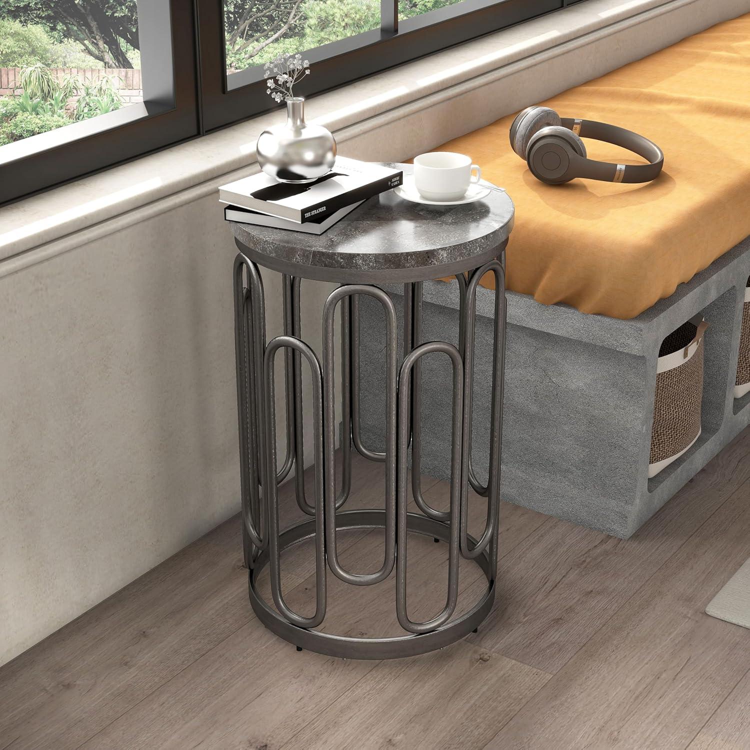 Furniture of America Saz Metal Stone Top Small End Table, Black