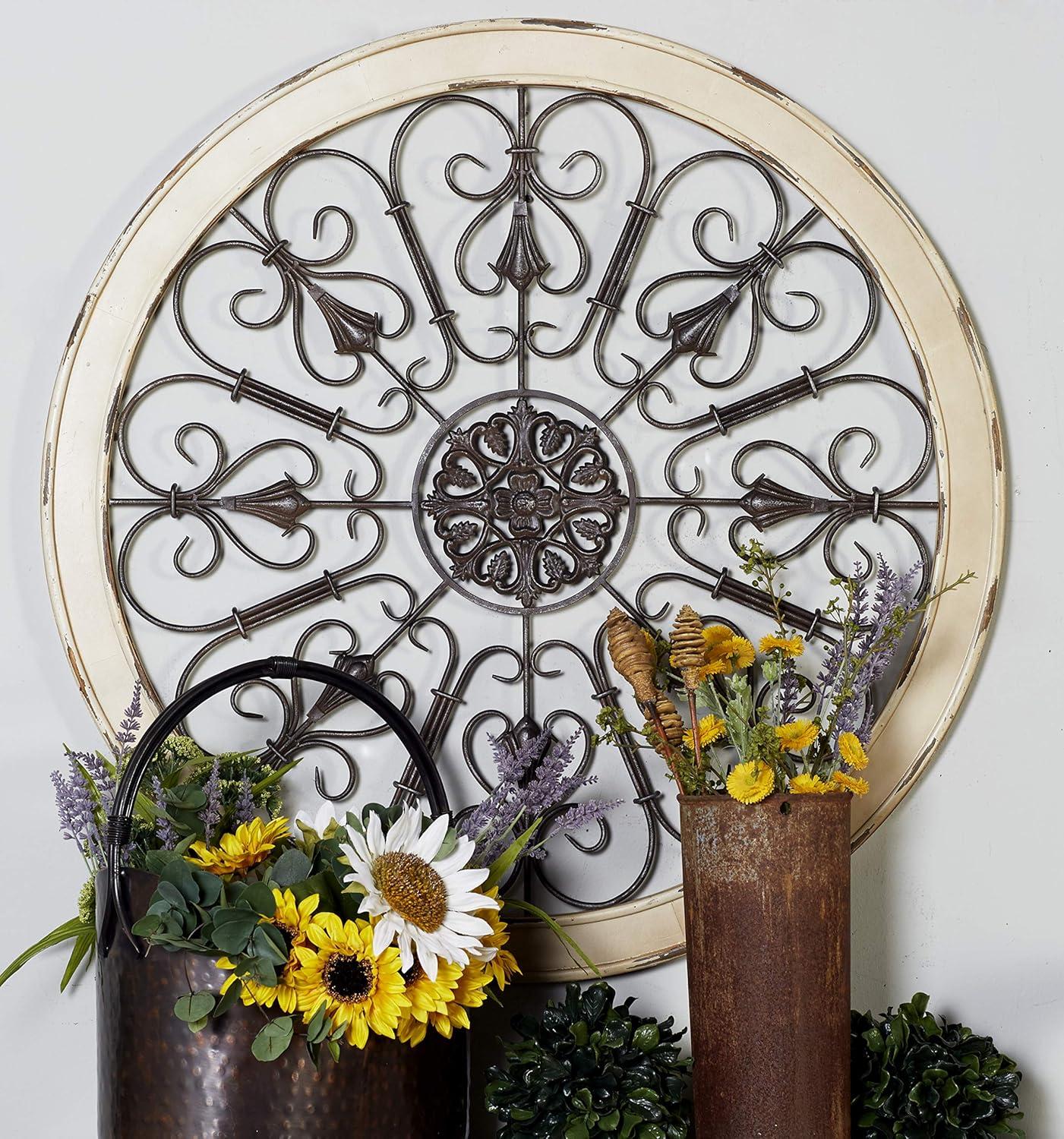 DecMode Brown Wood Arabesque Scroll Wall Decor with Metal Fleur De Lis Relief
