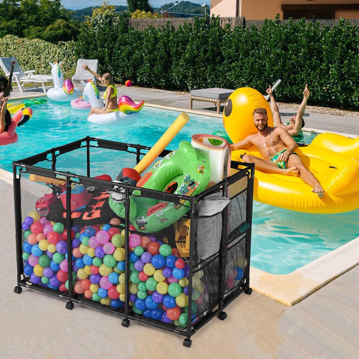 Yescom Metal Frame 10 Wheels Rolling Mesh Pool Storage Bin Pool Floats Storage Organizer for Pool Toys Balls Pool Noodles, Blue
