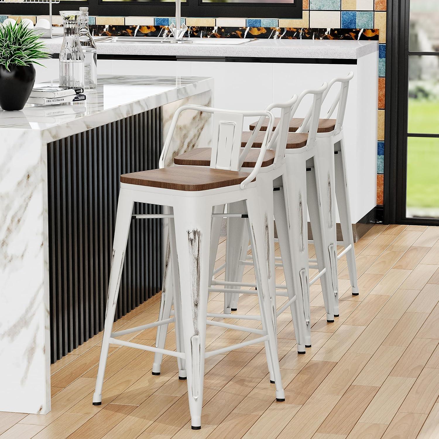 Set of 4 White Metal Bar Stools with Wooden Seats