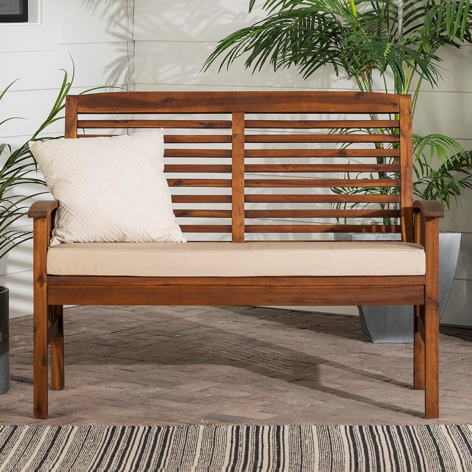 Walker Edison Rendezvous Modern Solid Acacia Wood Patio Loveseat with Cushions, 47 Inch, Dark Brown