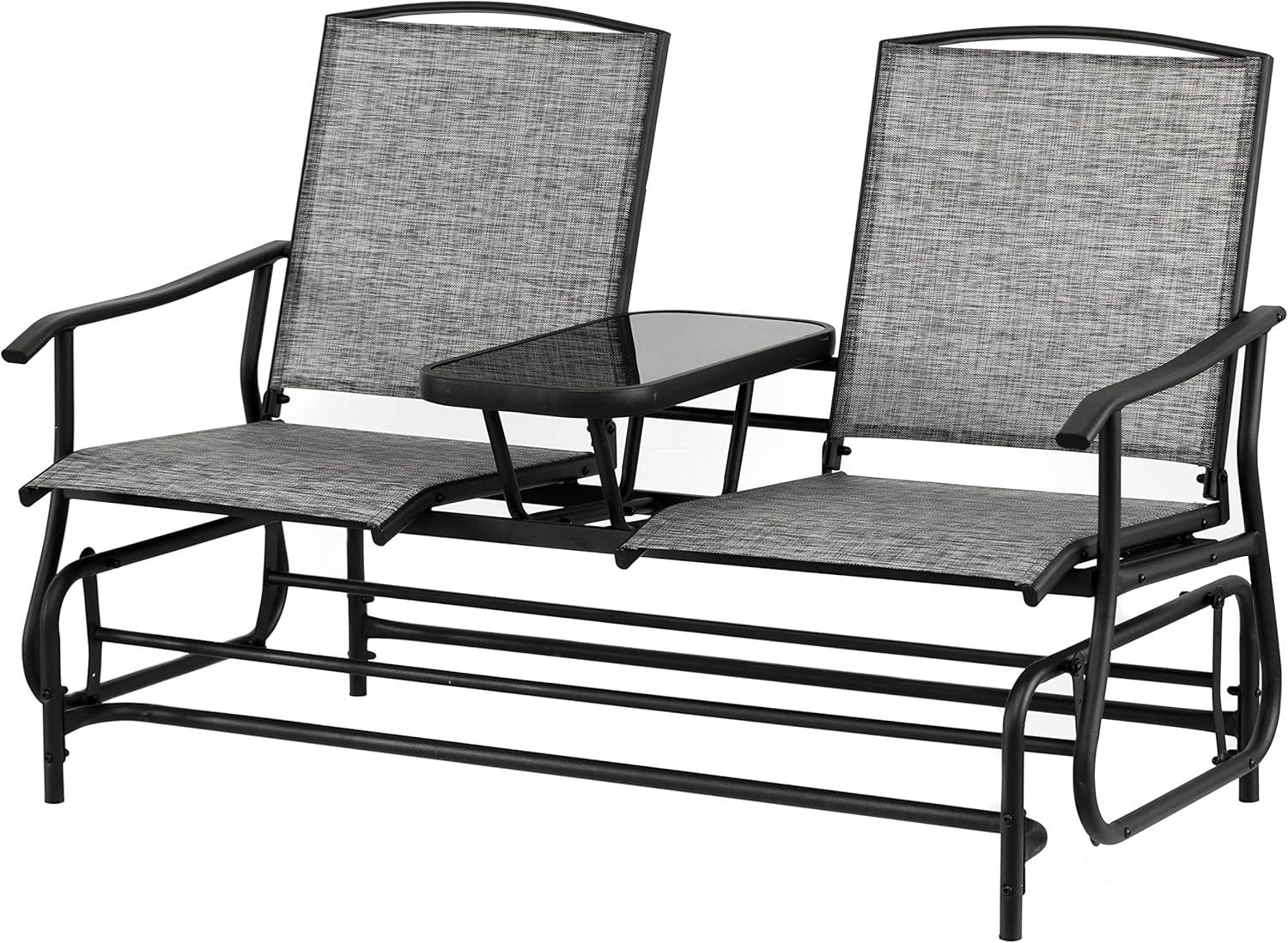 Gardenised Two Person Outdoor Double Swing Glider Chair Set with Center Tempered Glass Table, Loveseat Lawn Rocker Bench