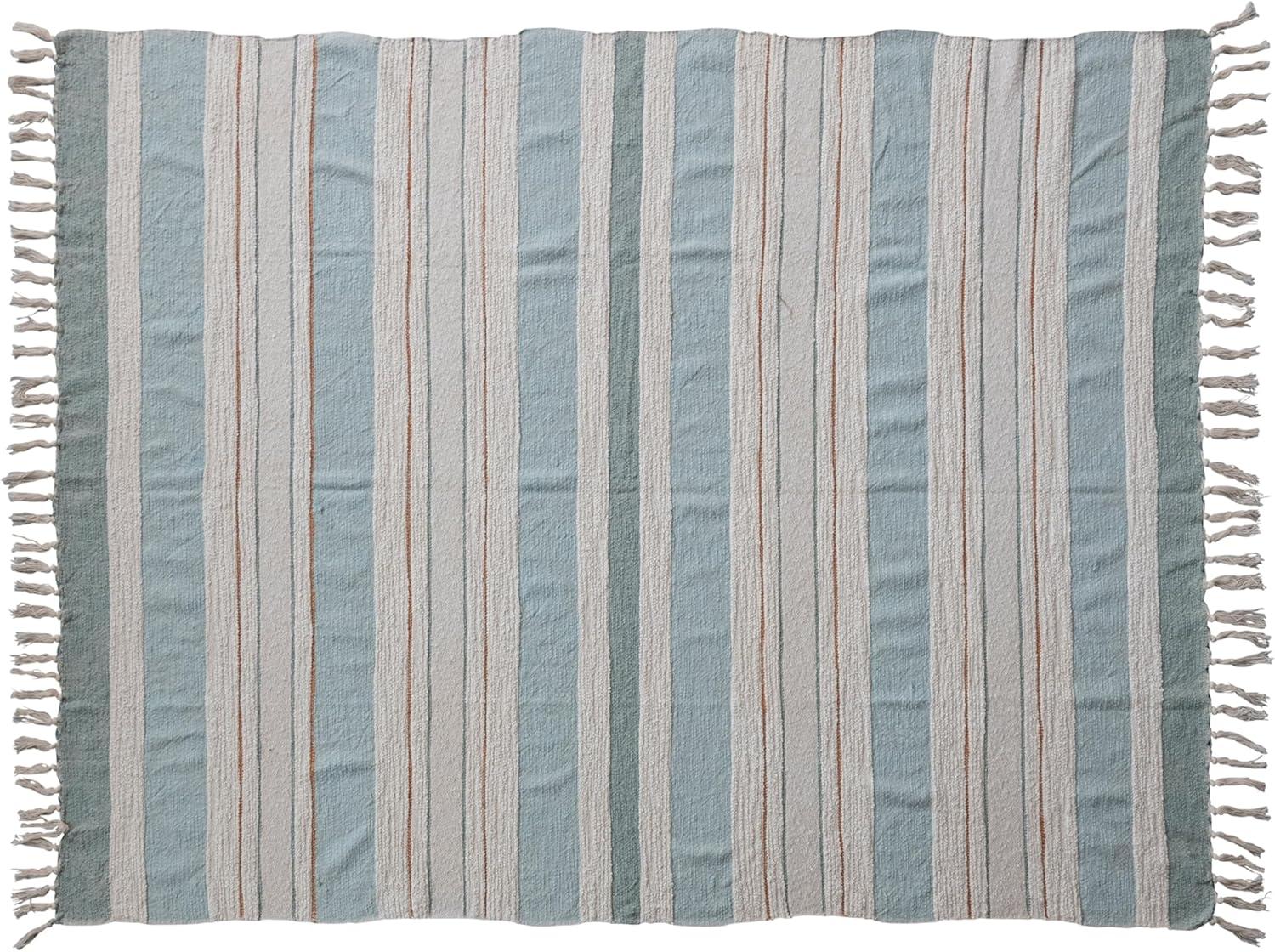 Blue and Cream Striped Cotton Throw with Fringe