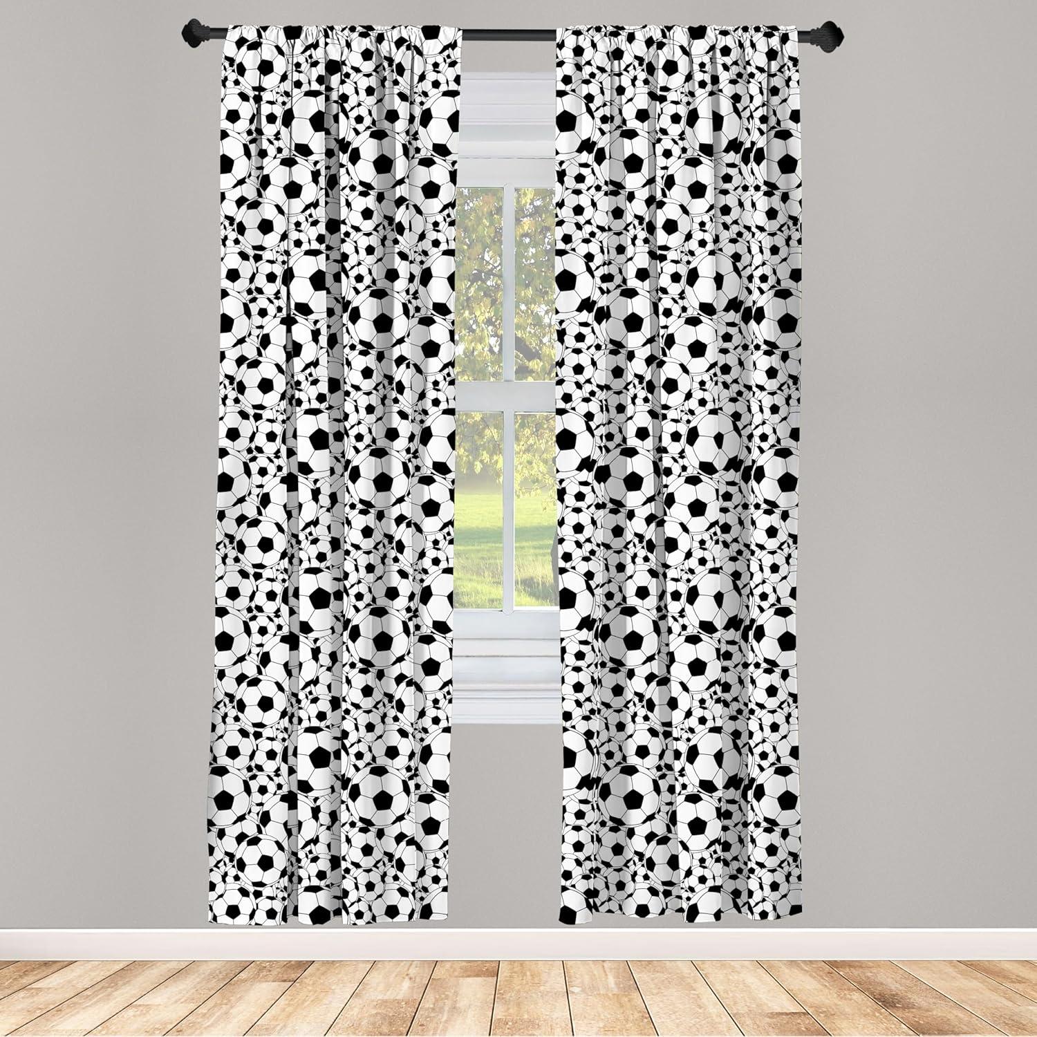 Ambesonne Soccer Curtains, Monochrome Balls Boys, Pair of 28"x63", Black White